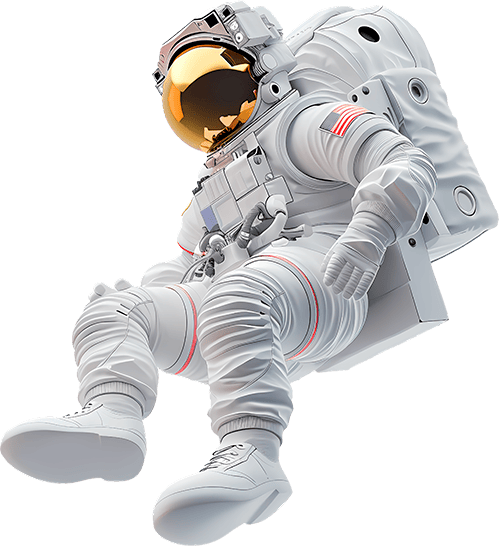 Astronauta flutuante representando inovação e tecnologia - Elemento visual principal da seção hero